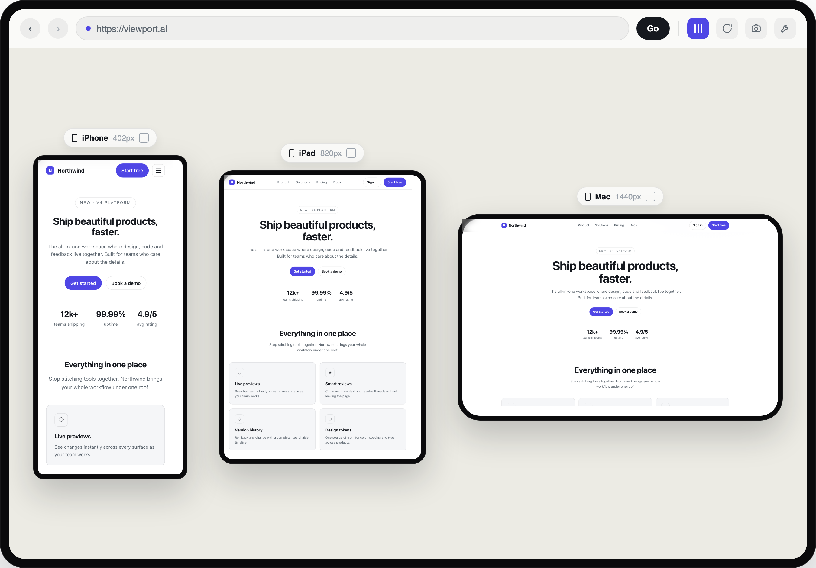 ViewPortal multi-view on iPad: the same site rendered side by side on iPhone, iPad and Mac, each at its true viewport width.