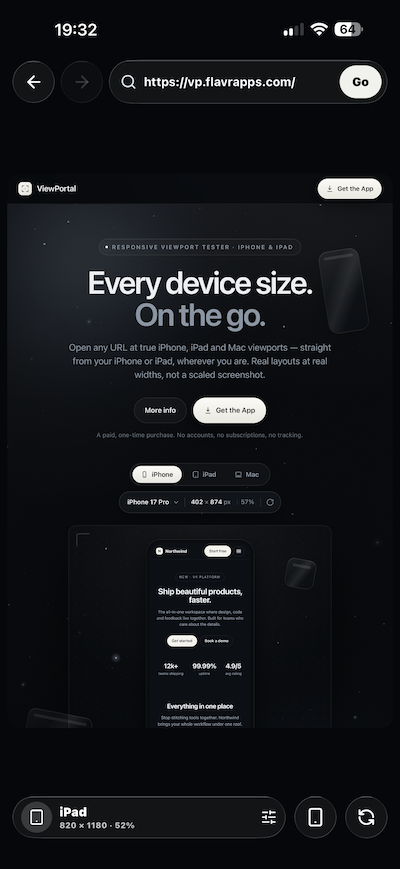 ViewPortal running on iPhone: the same website rendered at a true device width, with the in-app URL bar, device picker and live pixel-size readout.